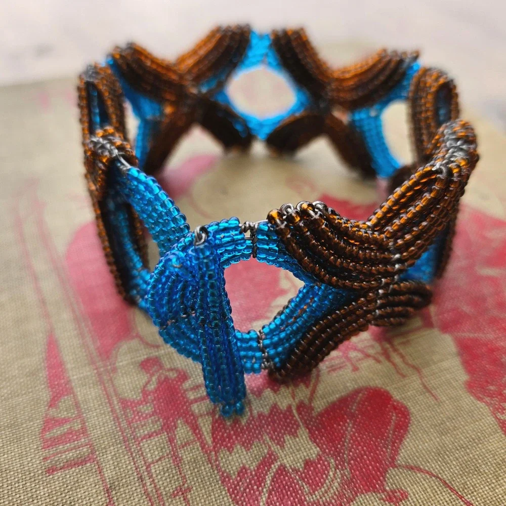 Handmade Beaded Wire Bracelet Brown Blue Geometric Statement Bangle